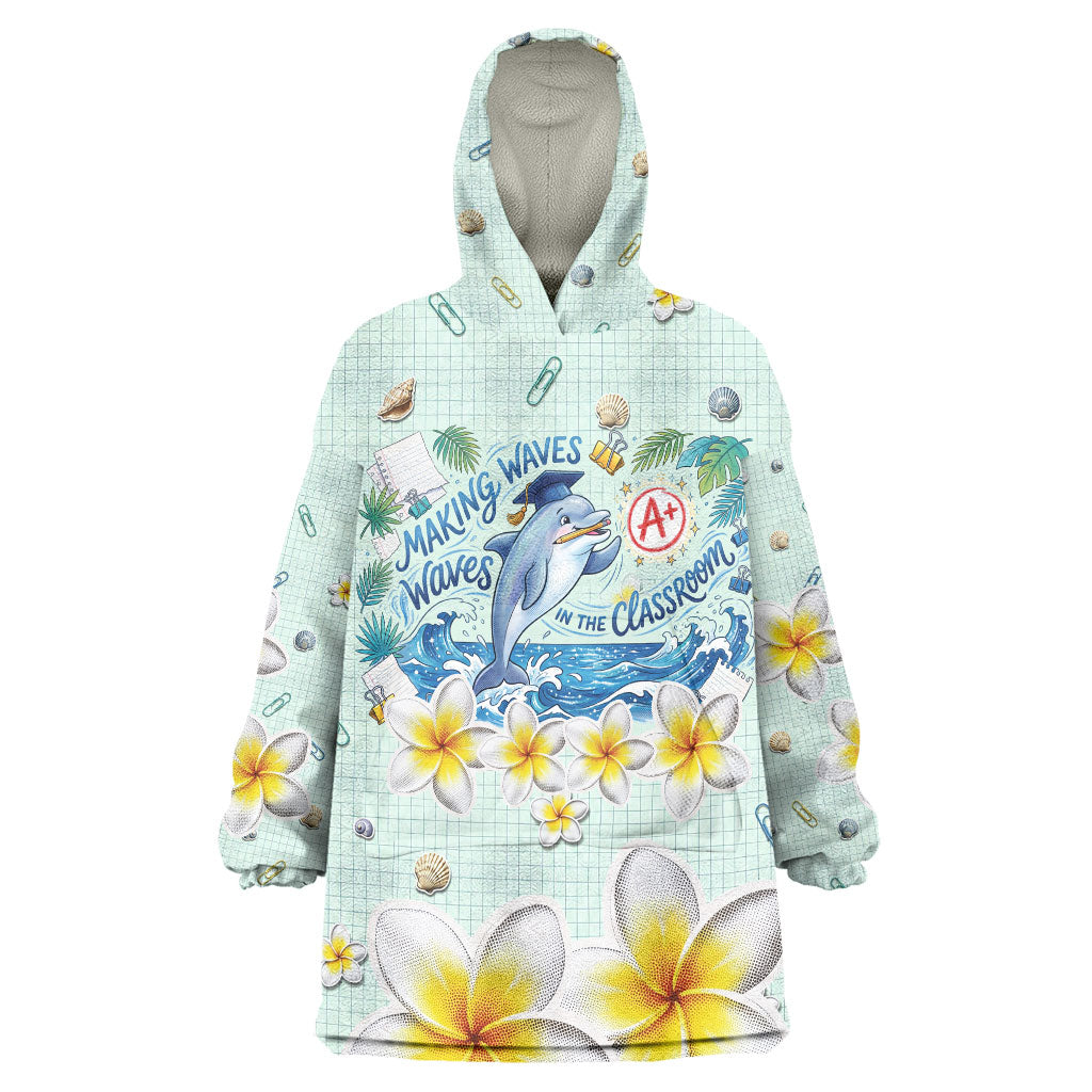 Personalized Hawaii Back To School Dolphin Wearable Blanket Hoodie Grid Notebook Background With Dolphin Mascot And Plumeria Flowers TS04 One Size Green White - Polynesian Pride