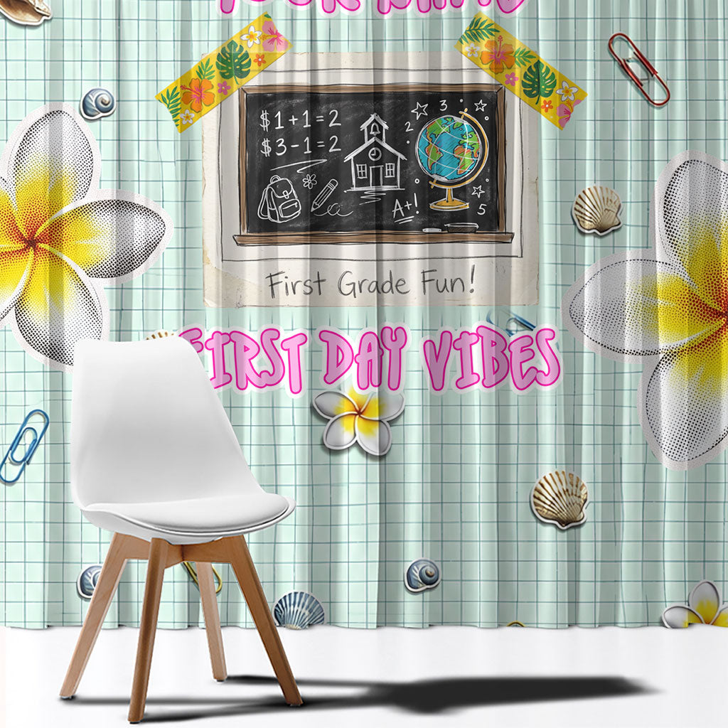 Personalized Hawaii Back To School Dolphin Window Curtain Grid Notebook Background With Dolphin Mascot And Plumeria Flowers TS04 - Polynesian Pride