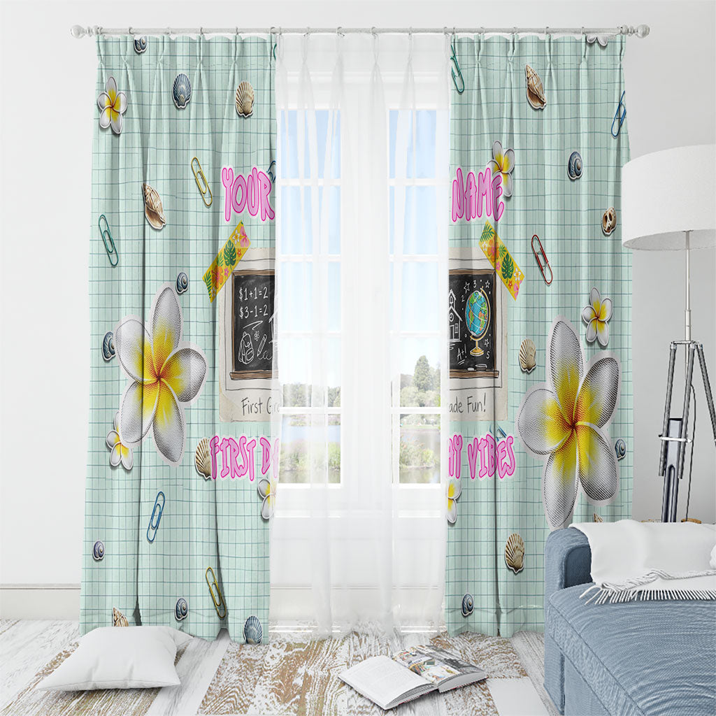 Personalized Hawaii Back To School Dolphin Window Curtain Grid Notebook Background With Dolphin Mascot And Plumeria Flowers TS04 - Polynesian Pride