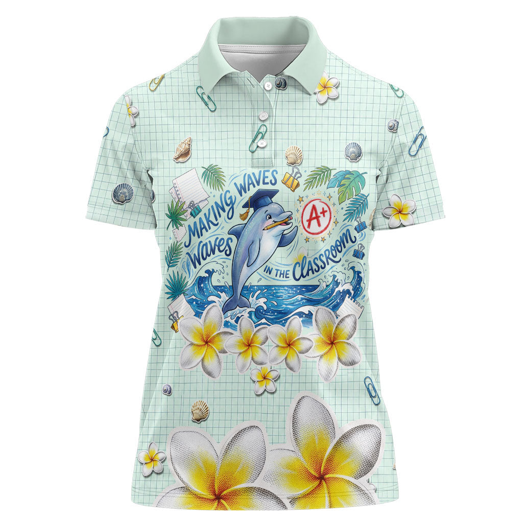 Personalized Hawaii Back To School Dolphin Women Polo Shirt Grid Notebook Background With Dolphin Mascot And Plumeria Flowers TS04 Female Green White - Polynesian Pride