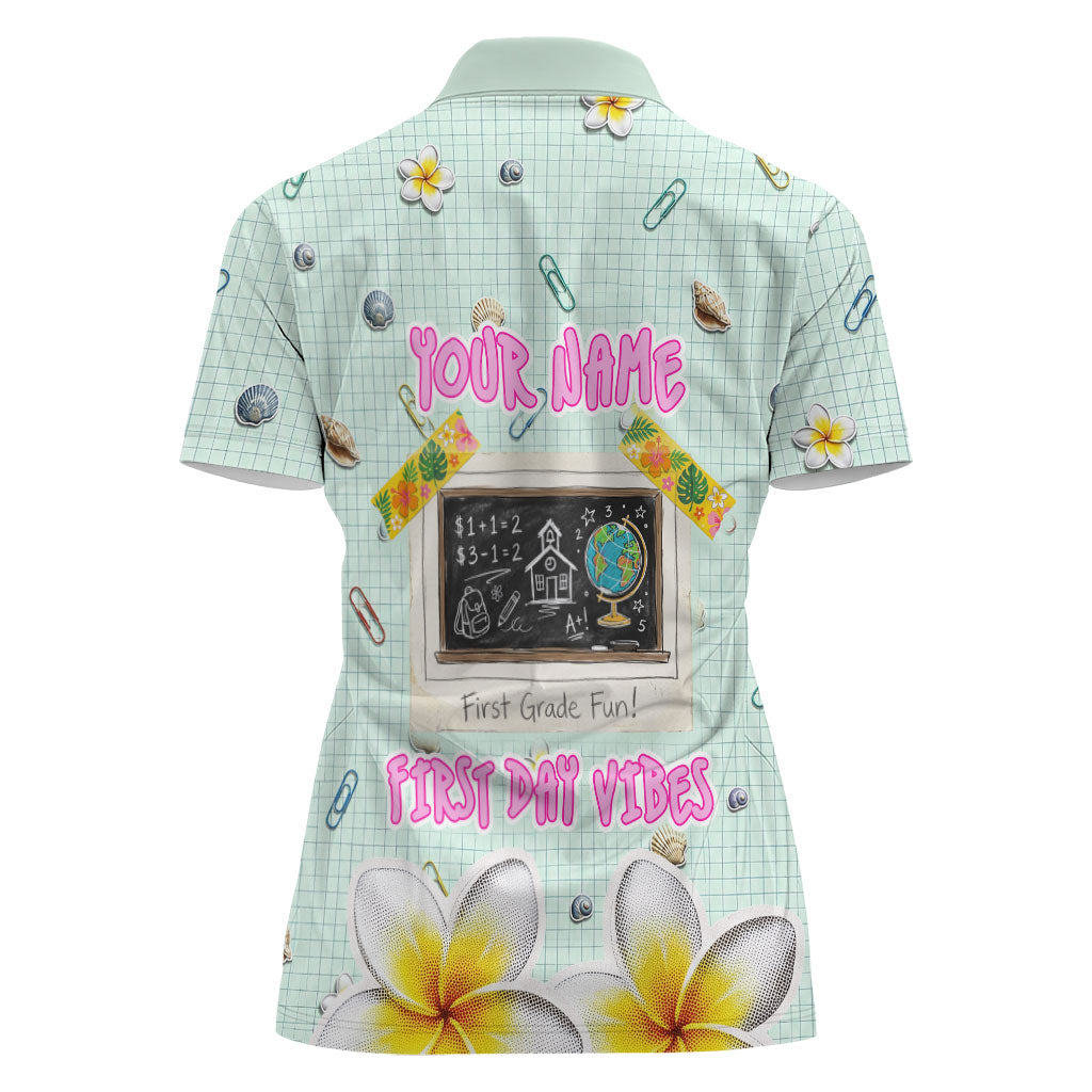 Personalized Hawaii Back To School Dolphin Women Polo Shirt Grid Notebook Background With Dolphin Mascot And Plumeria Flowers TS04 - Polynesian Pride