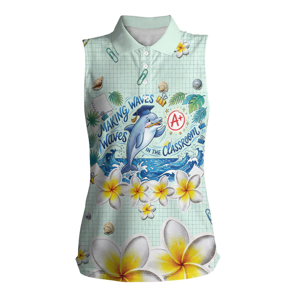 Personalized Hawaii Back To School Dolphin Women Sleeveless Polo Shirt Grid Notebook Background With Dolphin Mascot And Plumeria Flowers TS04 Female Green White - Polynesian Pride