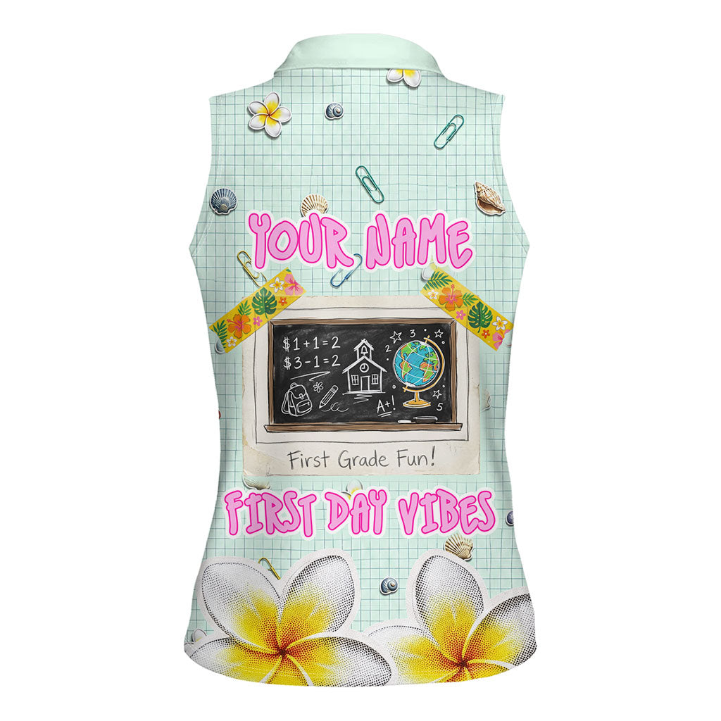 Personalized Hawaii Back To School Dolphin Women Sleeveless Polo Shirt Grid Notebook Background With Dolphin Mascot And Plumeria Flowers TS04 - Polynesian Pride