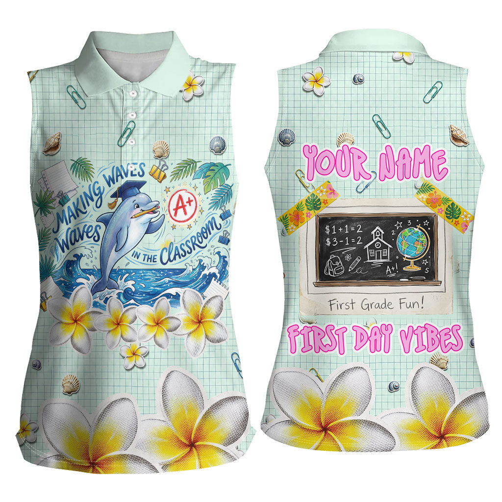 Personalized Hawaii Back To School Dolphin Women Sleeveless Polo Shirt Grid Notebook Background With Dolphin Mascot And Plumeria Flowers TS04 - Polynesian Pride