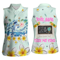 Personalized Hawaii Back To School Dolphin Women Sleeveless Polo Shirt Grid Notebook Background With Dolphin Mascot And Plumeria Flowers TS04 - Polynesian Pride
