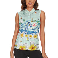 Personalized Hawaii Back To School Dolphin Women Sleeveless Polo Shirt Grid Notebook Background With Dolphin Mascot And Plumeria Flowers TS04 - Polynesian Pride