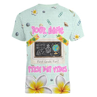 Personalized Hawaii Back To School Dolphin Women V-Neck T-Shirt Grid Notebook Background With Dolphin Mascot And Plumeria Flowers TS04 - Polynesian Pride