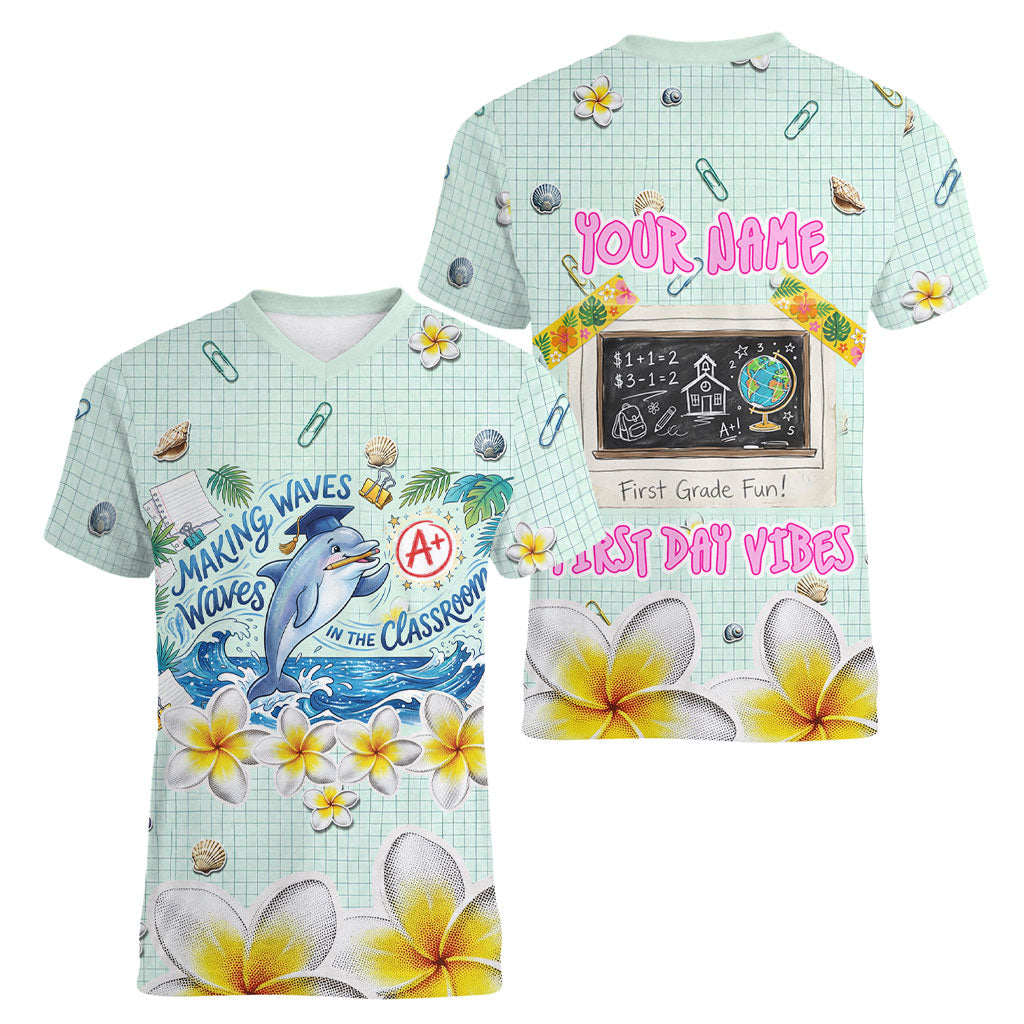 Personalized Hawaii Back To School Dolphin Women V-Neck T-Shirt Grid Notebook Background With Dolphin Mascot And Plumeria Flowers TS04 - Polynesian Pride