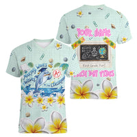 Personalized Hawaii Back To School Dolphin Women V-Neck T-Shirt Grid Notebook Background With Dolphin Mascot And Plumeria Flowers TS04 - Polynesian Pride