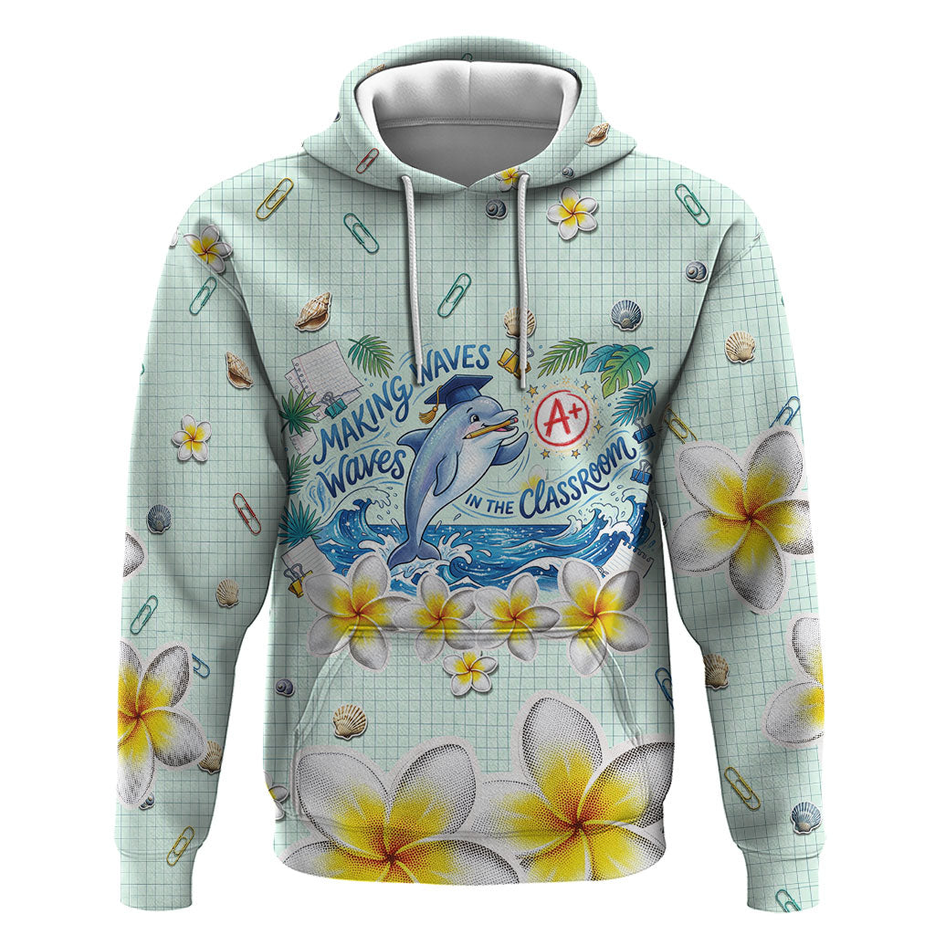Personalized Hawaii Back To School Dolphin Zip Hoodie Grid Notebook Background With Dolphin Mascot And Plumeria Flowers TS04 Pullover Hoodie Green White - Polynesian Pride