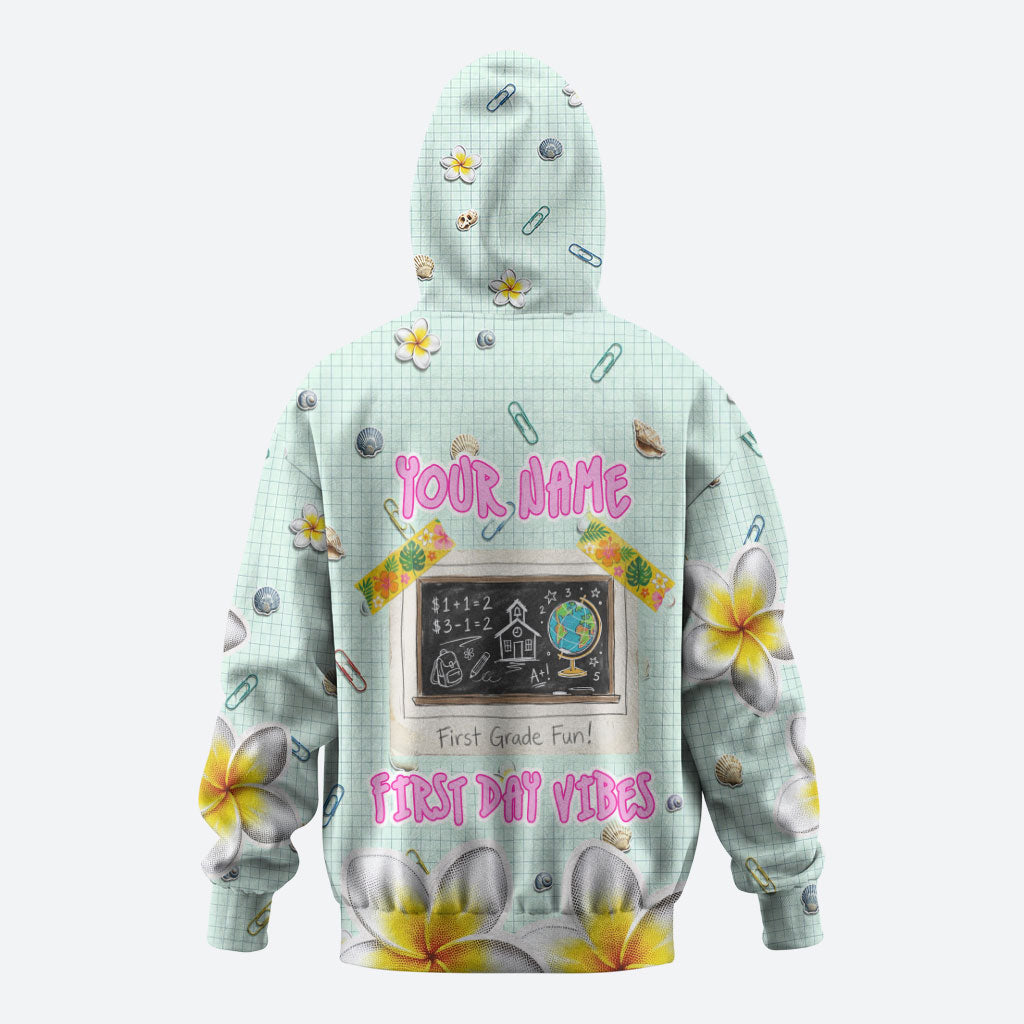 Personalized Hawaii Back To School Dolphin Zip Hoodie Grid Notebook Background With Dolphin Mascot And Plumeria Flowers TS04 - Polynesian Pride