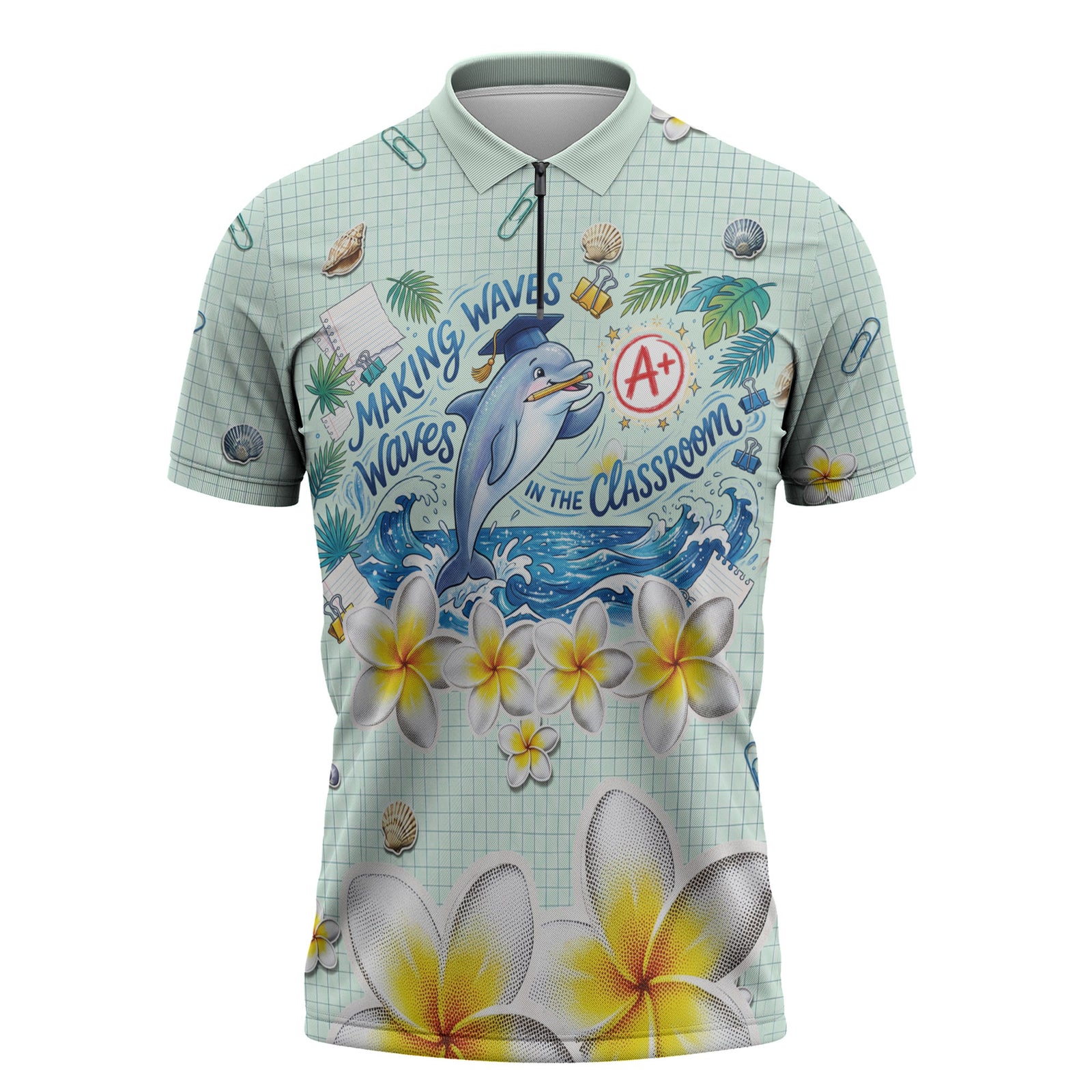 Personalized Hawaii Back To School Dolphin Zipper Polo Shirt Grid Notebook Background With Dolphin Mascot And Plumeria Flowers TS04 Green White - Polynesian Pride