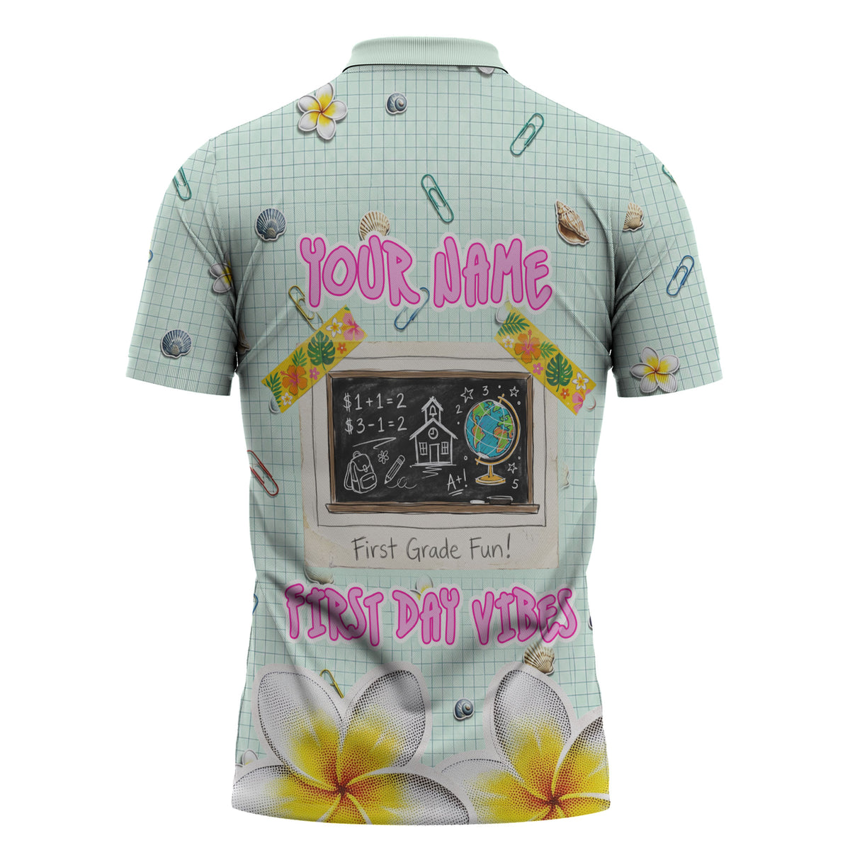 Personalized Hawaii Back To School Dolphin Zipper Polo Shirt Grid Notebook Background With Dolphin Mascot And Plumeria Flowers TS04 - Polynesian Pride
