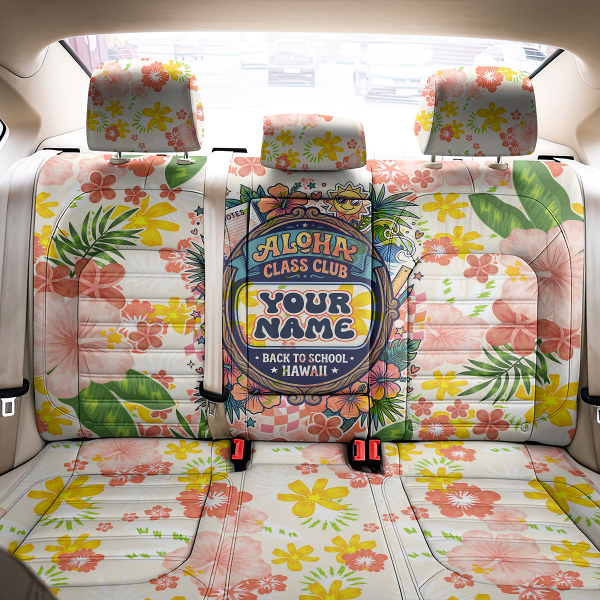 Personalized Hawaii School Club Back To Class Back Car Seat Cover Retro Tropical Hibiscus Pattern With Open Notebook TS04 - Polynesian Pride