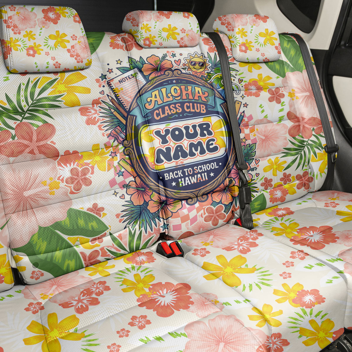 Personalized Hawaii School Club Back To Class Back Car Seat Cover Retro Tropical Hibiscus Pattern With Open Notebook TS04 - Polynesian Pride