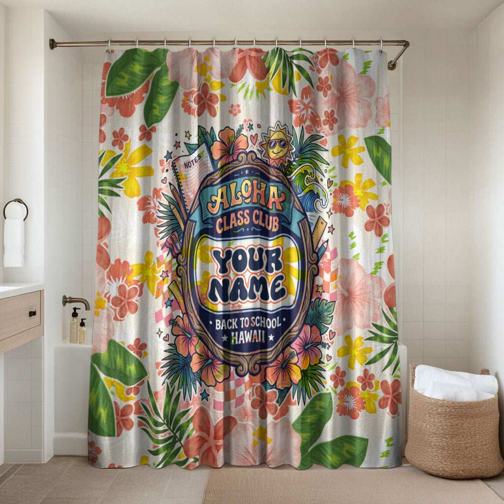 Personalized Hawaii School Club Back To Class Bathroom Set Retro Tropical Hibiscus Pattern With Open Notebook TS04 Shower Curtain Only White Orange - Polynesian Pride