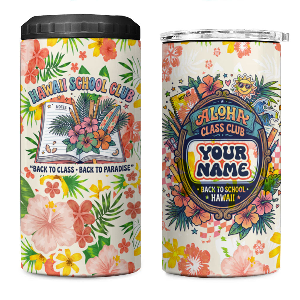 Personalized Hawaii School Club Back To Class 4 in 1 Can Cooler Tumbler Retro Tropical Hibiscus Pattern With Open Notebook TS04 One Size: 16 oz White Orange - Polynesian Pride