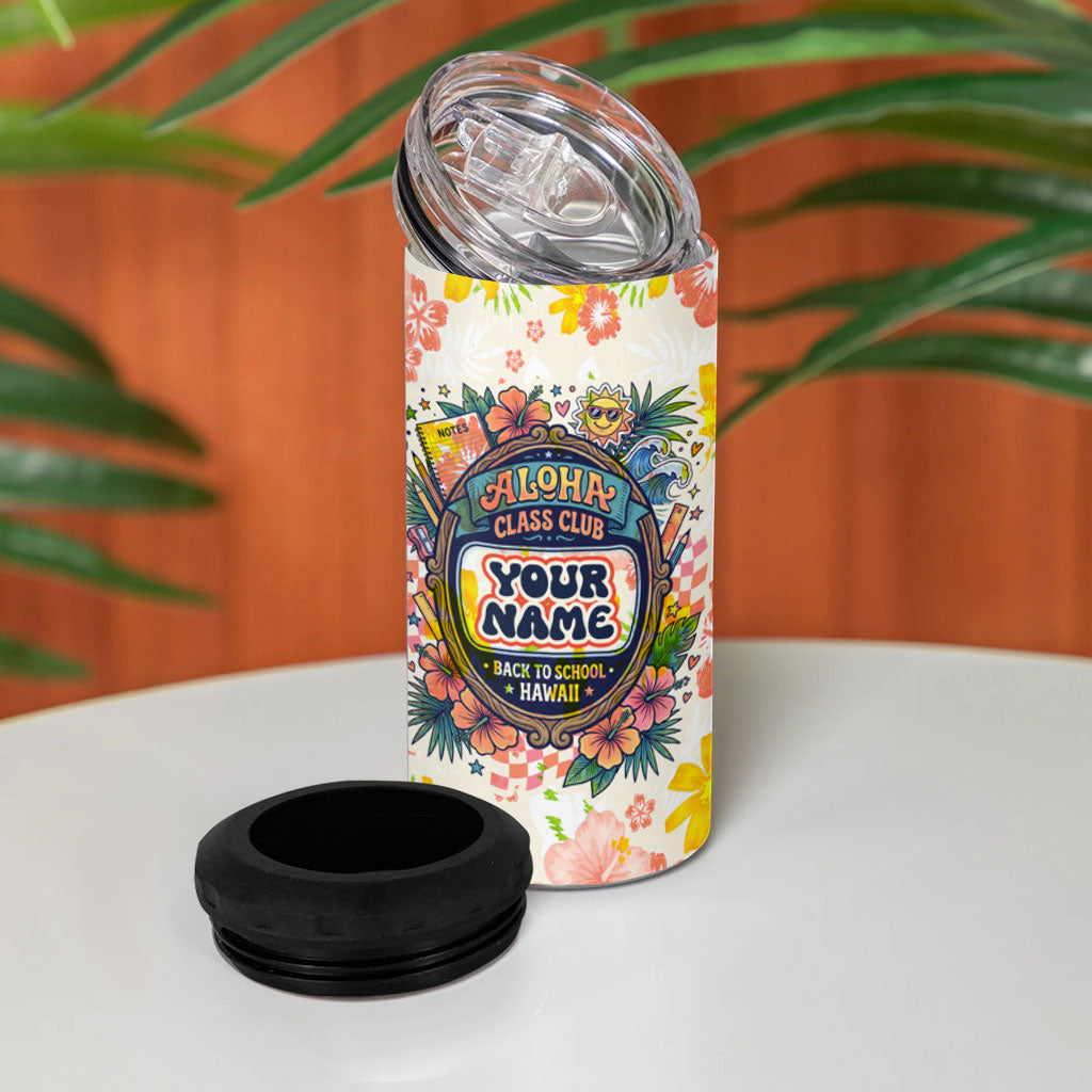 Personalized Hawaii School Club Back To Class 4 in 1 Can Cooler Tumbler Retro Tropical Hibiscus Pattern With Open Notebook TS04 - Polynesian Pride