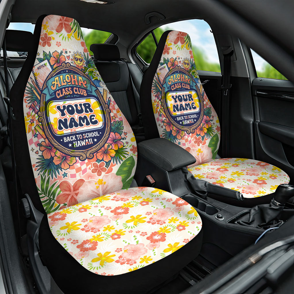 Personalized Hawaii School Club Back To Class Car Seat Cover Retro Tropical Hibiscus Pattern With Open Notebook TS04 One Size White Orange - Polynesian Pride