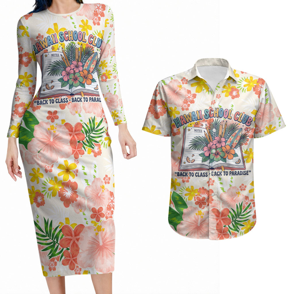Personalized Hawaii School Club Back To Class Couples Matching Long Sleeve Bodycon Dress and Hawaiian Shirt Retro Tropical Hibiscus Pattern With Open Notebook TS04 White Orange - Polynesian Pride