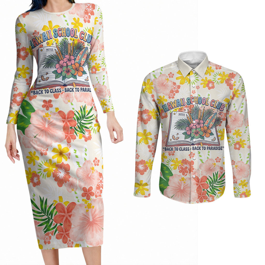 Personalized Hawaii School Club Back To Class Couples Matching Long Sleeve Bodycon Dress and Long Sleeve Button Shirt Retro Tropical Hibiscus Pattern With Open Notebook TS04 White Orange - Polynesian Pride