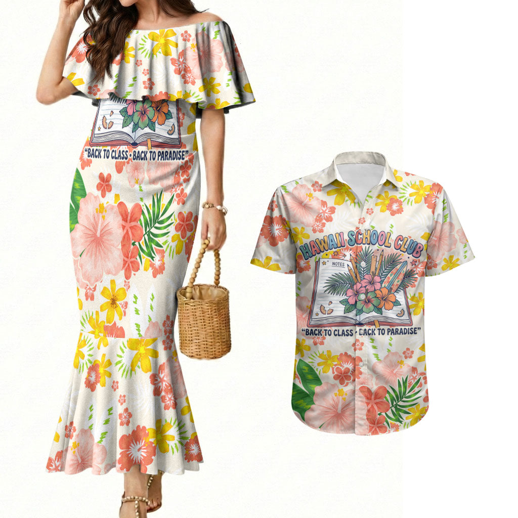 Personalized Hawaii School Club Back To Class Couples Matching Mermaid Dress and Hawaiian Shirt Retro Tropical Hibiscus Pattern With Open Notebook TS04 White Orange - Polynesian Pride