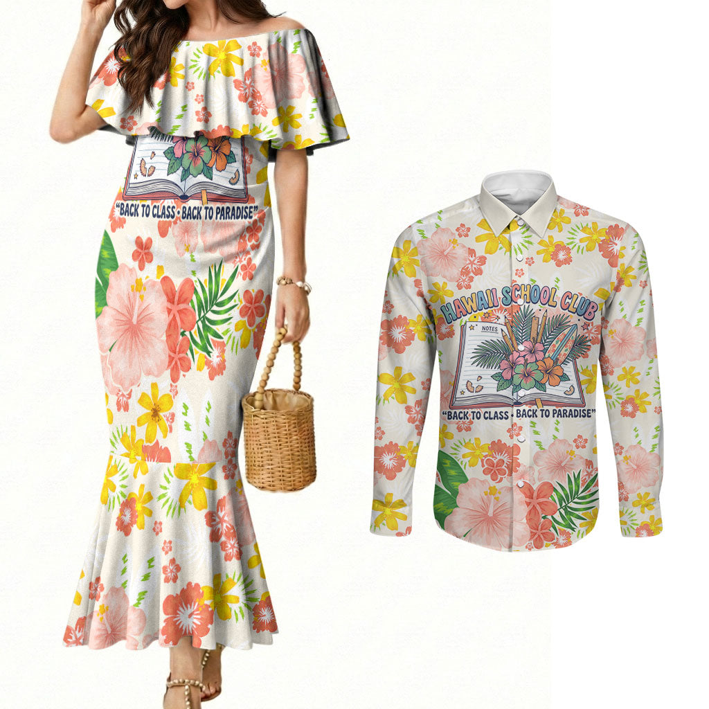 Personalized Hawaii School Club Back To Class Couples Matching Mermaid Dress and Long Sleeve Button Shirt Retro Tropical Hibiscus Pattern With Open Notebook TS04 White Orange - Polynesian Pride