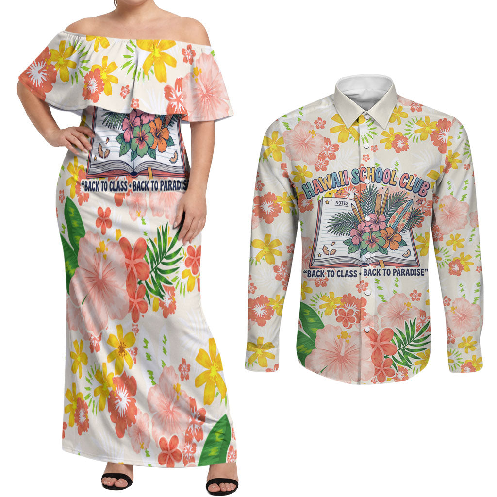 Personalized Hawaii School Club Back To Class Couples Matching Off Shoulder Maxi Dress and Long Sleeve Button Shirt Retro Tropical Hibiscus Pattern With Open Notebook TS04 White Orange - Polynesian Pride