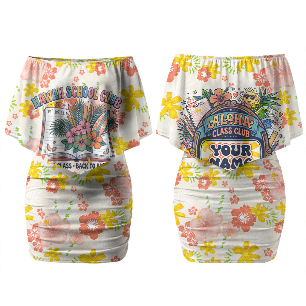 Personalized Hawaii School Club Back To Class Couples Matching Off Shoulder Short Dress and Hawaiian Shirt Retro Tropical Hibiscus Pattern With Open Notebook TS04 - Polynesian Pride