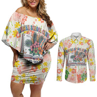 Personalized Hawaii School Club Back To Class Couples Matching Off Shoulder Short Dress and Long Sleeve Button Shirt Retro Tropical Hibiscus Pattern With Open Notebook TS04 White Orange - Polynesian Pride