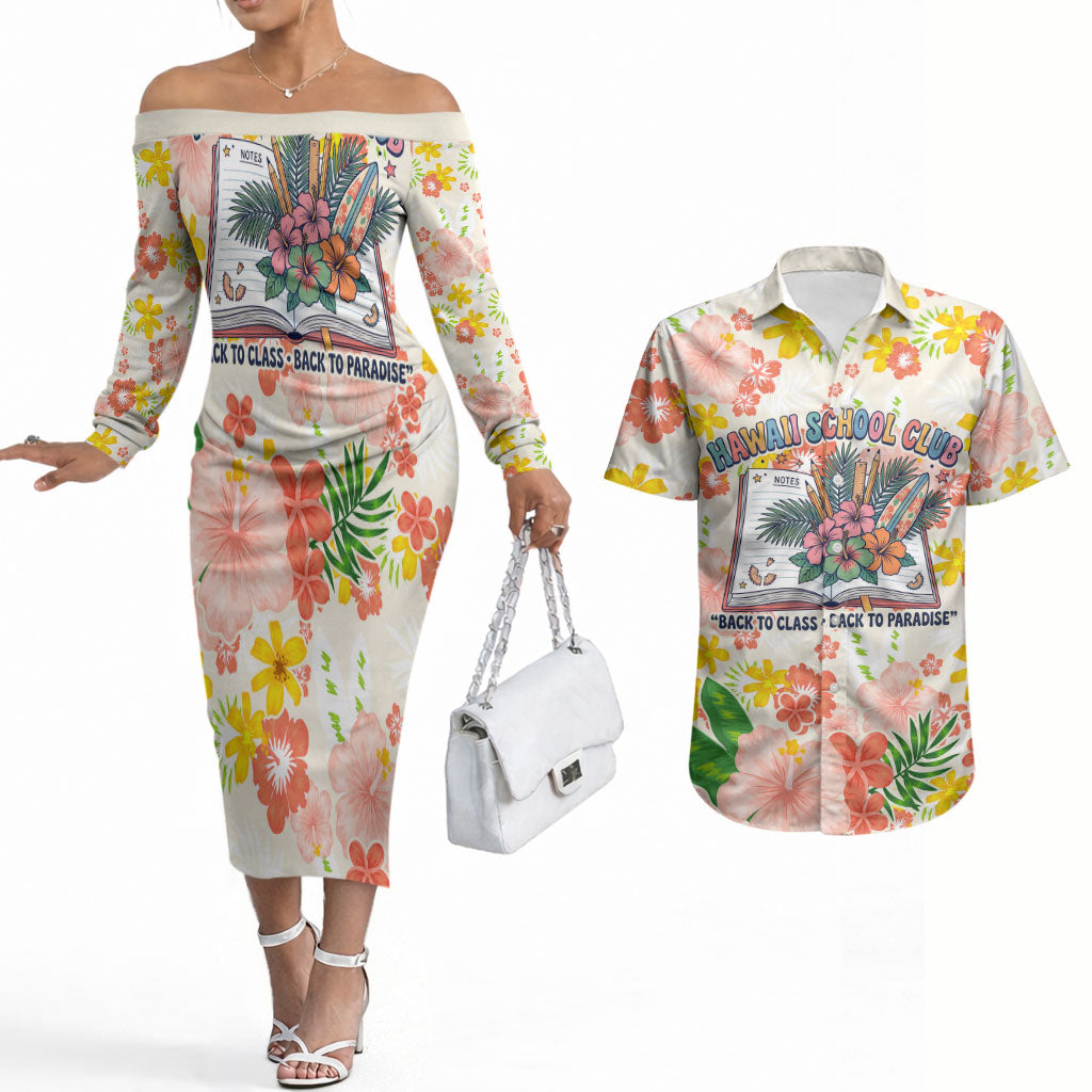 Personalized Hawaii School Club Back To Class Couples Matching Off The Shoulder Long Sleeve Dress and Hawaiian Shirt Retro Tropical Hibiscus Pattern With Open Notebook TS04 White Orange - Polynesian Pride