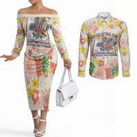 Personalized Hawaii School Club Back To Class Couples Matching Off The Shoulder Long Sleeve Dress and Long Sleeve Button Shirt Retro Tropical Hibiscus Pattern With Open Notebook TS04 White Orange - Polynesian Pride