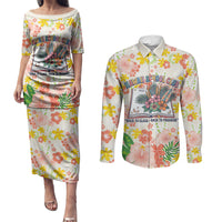 Personalized Hawaii School Club Back To Class Couples Matching Puletasi and Long Sleeve Button Shirt Retro Tropical Hibiscus Pattern With Open Notebook TS04 White Orange - Polynesian Pride