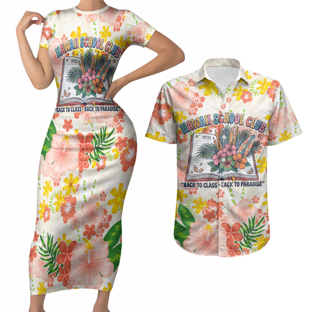 Personalized Hawaii School Club Back To Class Couples Matching Short Sleeve Bodycon Dress and Hawaiian Shirt Retro Tropical Hibiscus Pattern With Open Notebook TS04 White Orange - Polynesian Pride