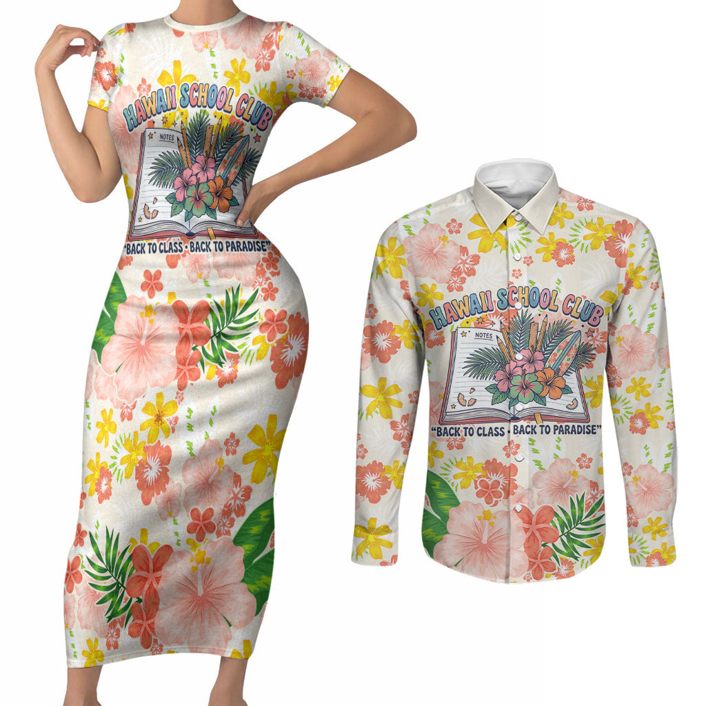 Personalized Hawaii School Club Back To Class Couples Matching Short Sleeve Bodycon Dress and Long Sleeve Button Shirt Retro Tropical Hibiscus Pattern With Open Notebook TS04 White Orange - Polynesian Pride