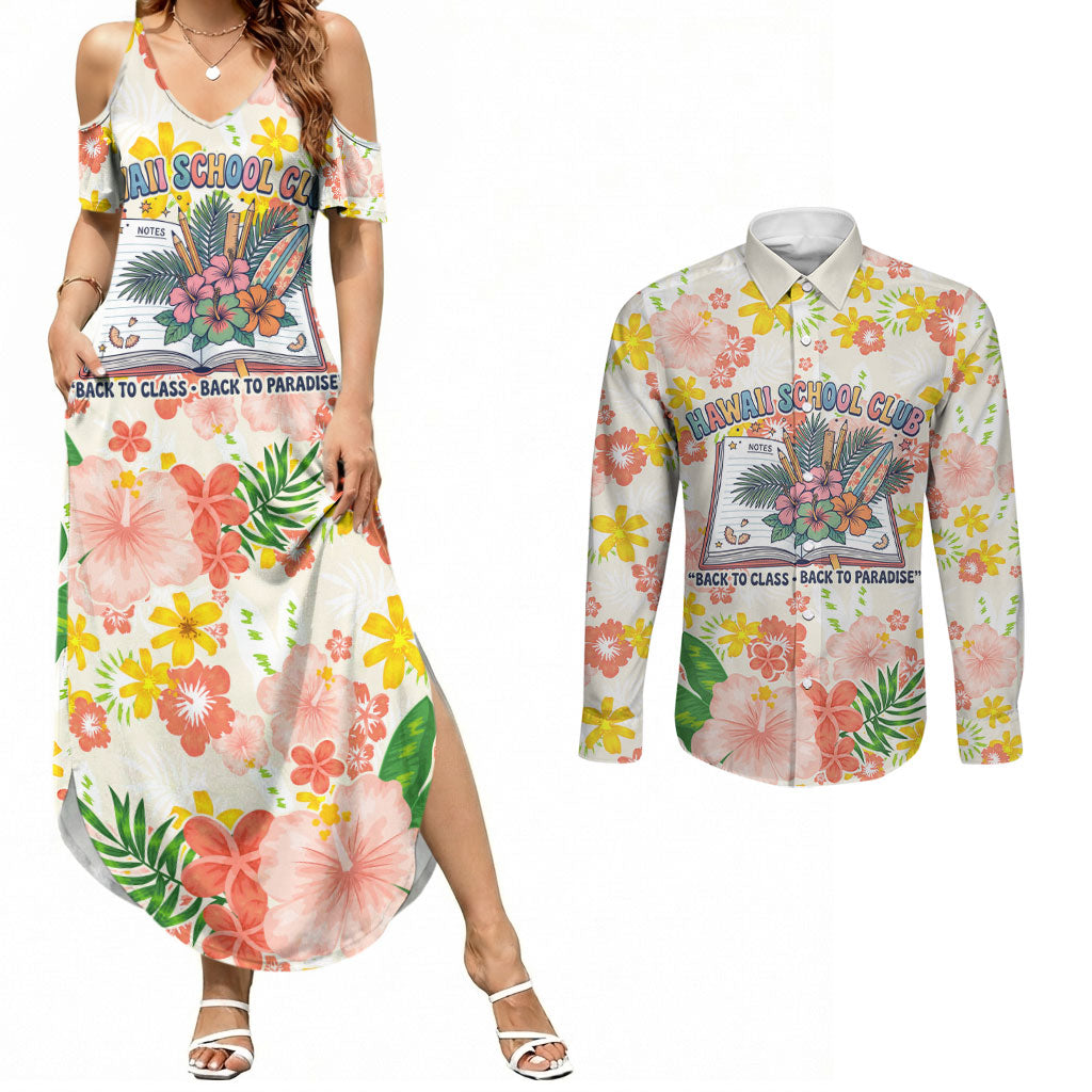 Personalized Hawaii School Club Back To Class Couples Matching Summer Maxi Dress and Long Sleeve Button Shirt Retro Tropical Hibiscus Pattern With Open Notebook TS04 White Orange - Polynesian Pride