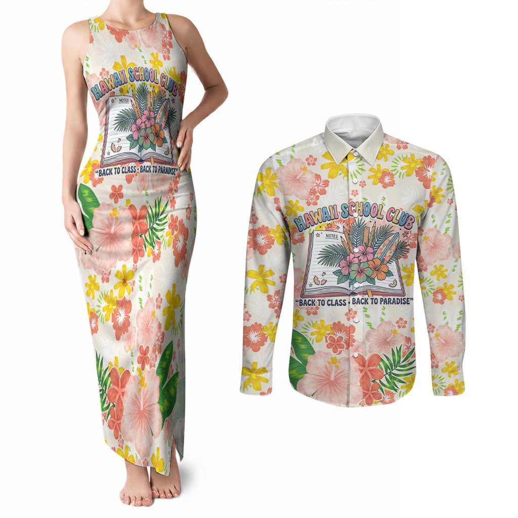 Personalized Hawaii School Club Back To Class Couples Matching Tank Maxi Dress and Long Sleeve Button Shirt Retro Tropical Hibiscus Pattern With Open Notebook TS04 White Orange - Polynesian Pride
