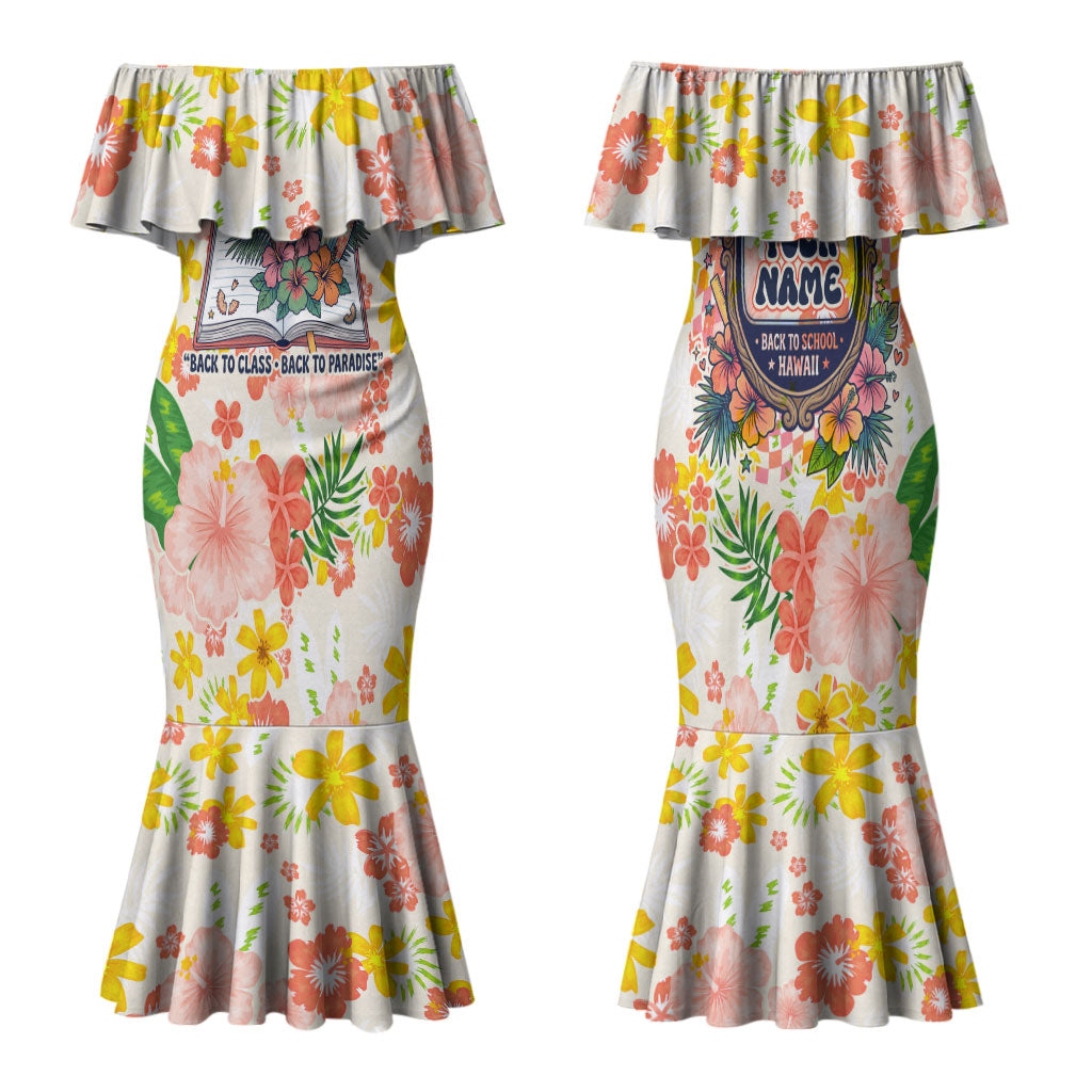 Personalized Hawaii School Club Back To Class Family Matching Mermaid Dress and Hawaiian Shirt Retro Tropical Hibiscus Pattern With Open Notebook TS04 Mom's Dress White Orange - Polynesian Pride