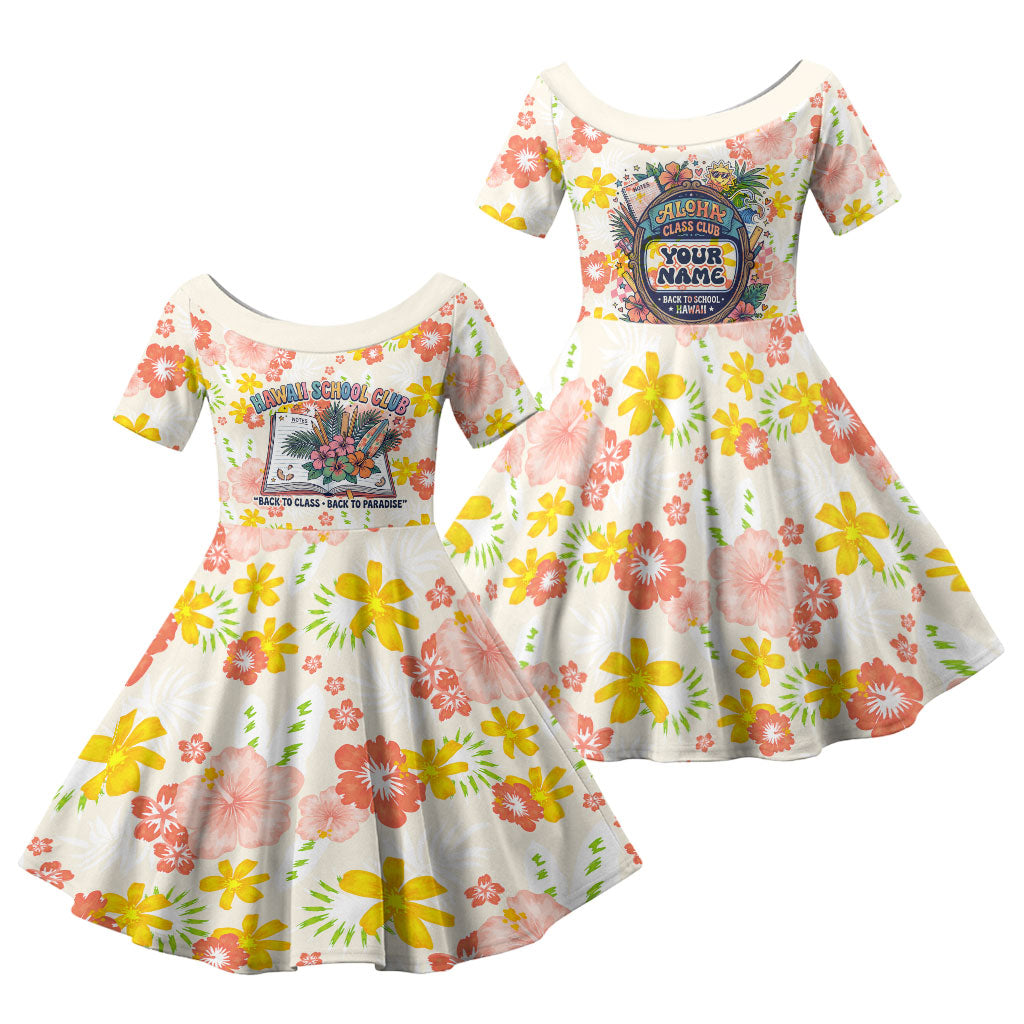 Personalized Hawaii School Club Back To Class Family Matching Off Shoulder Short Dress and Hawaiian Shirt Retro Tropical Hibiscus Pattern With Open Notebook TS04 Daughter's Dress White Orange - Polynesian Pride