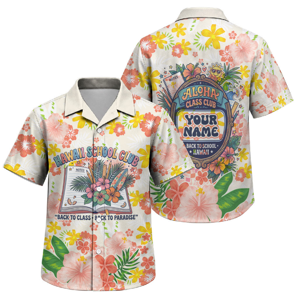 Personalized Hawaii School Club Back To Class Family Matching Off Shoulder Short Dress and Hawaiian Shirt Retro Tropical Hibiscus Pattern With Open Notebook TS04 Son's Shirt White Orange - Polynesian Pride