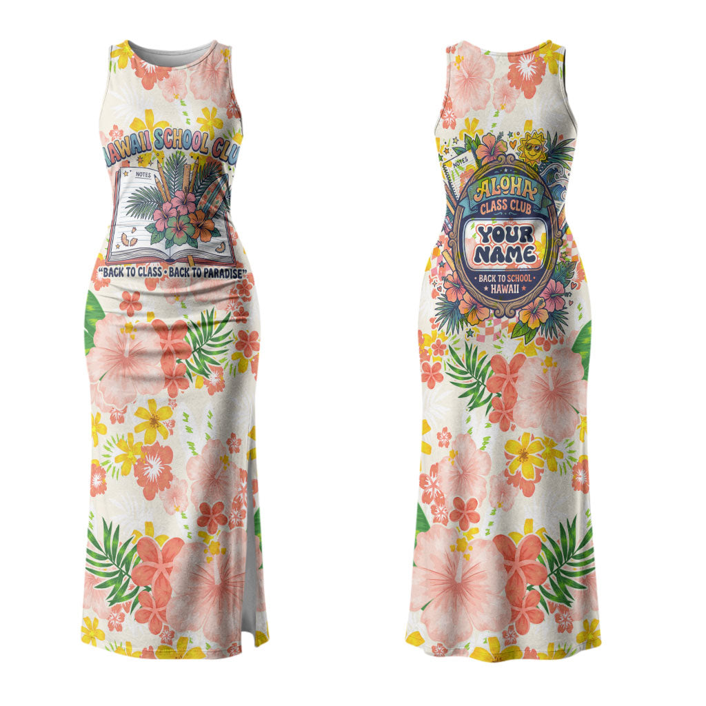 Personalized Hawaii School Club Back To Class Family Matching Tank Maxi Dress and Hawaiian Shirt Retro Tropical Hibiscus Pattern With Open Notebook TS04 Mom's Dress White Orange - Polynesian Pride