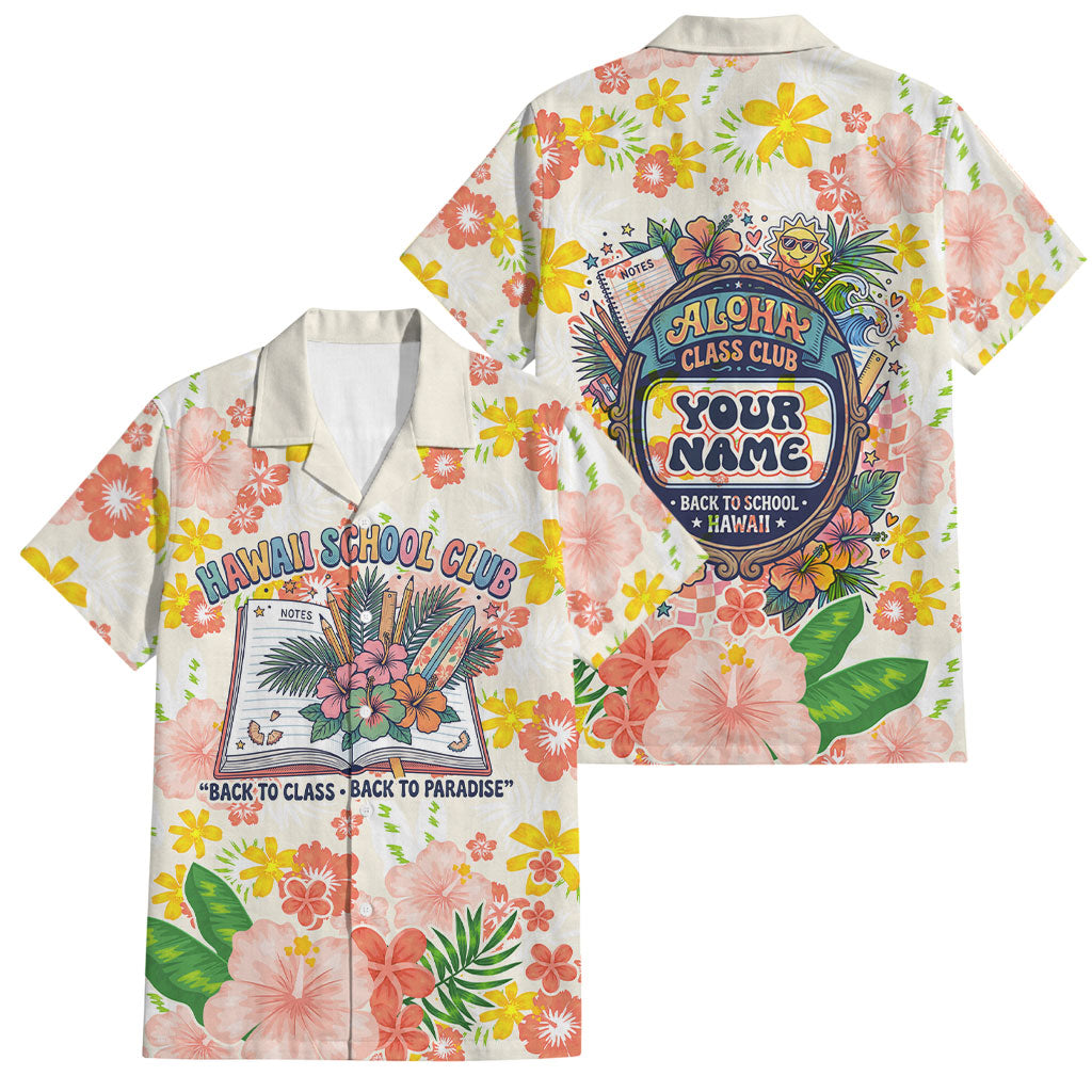 Personalized Hawaii School Club Back To Class Family Matching Tank Maxi Dress and Hawaiian Shirt Retro Tropical Hibiscus Pattern With Open Notebook TS04 Dad's Shirt - Short Sleeve White Orange - Polynesian Pride