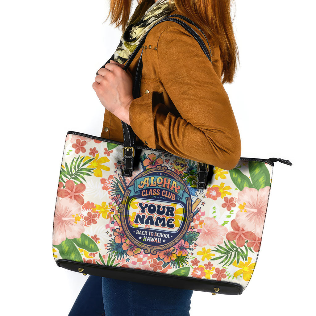 Personalized Hawaii School Club Back To Class Leather Tote Bag Retro Tropical Hibiscus Pattern With Open Notebook TS04 White Orange - Polynesian Pride