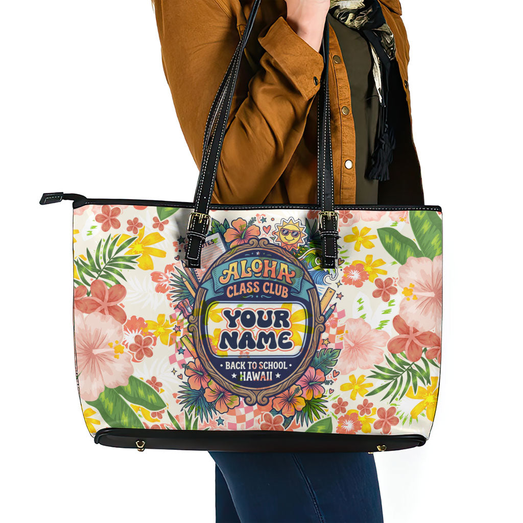 Personalized Hawaii School Club Back To Class Leather Tote Bag Retro Tropical Hibiscus Pattern With Open Notebook TS04 - Polynesian Pride