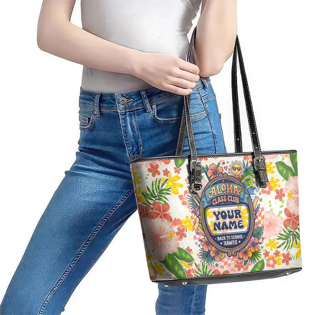 Personalized Hawaii School Club Back To Class Leather Tote Bag Retro Tropical Hibiscus Pattern With Open Notebook TS04 - Polynesian Pride