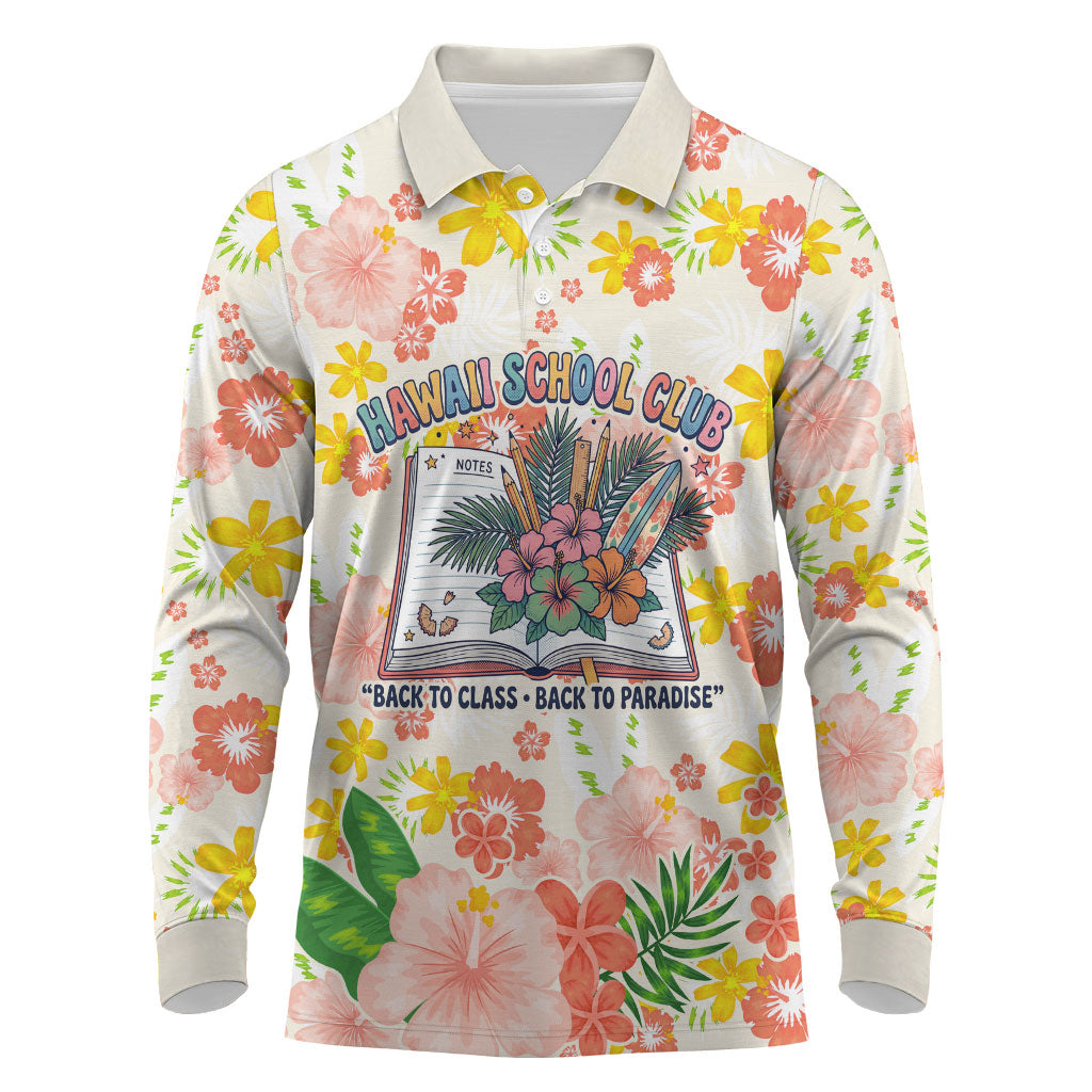 Personalized Hawaii School Club Back To Class Long Sleeve Polo Shirt Retro Tropical Hibiscus Pattern With Open Notebook TS04 White Orange - Polynesian Pride
