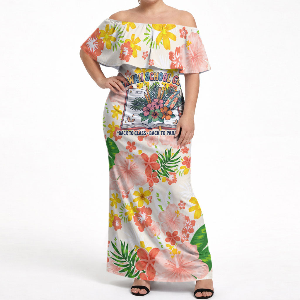 Personalized Hawaii School Club Back To Class Off Shoulder Maxi Dress Retro Tropical Hibiscus Pattern With Open Notebook TS04 Women White Orange - Polynesian Pride