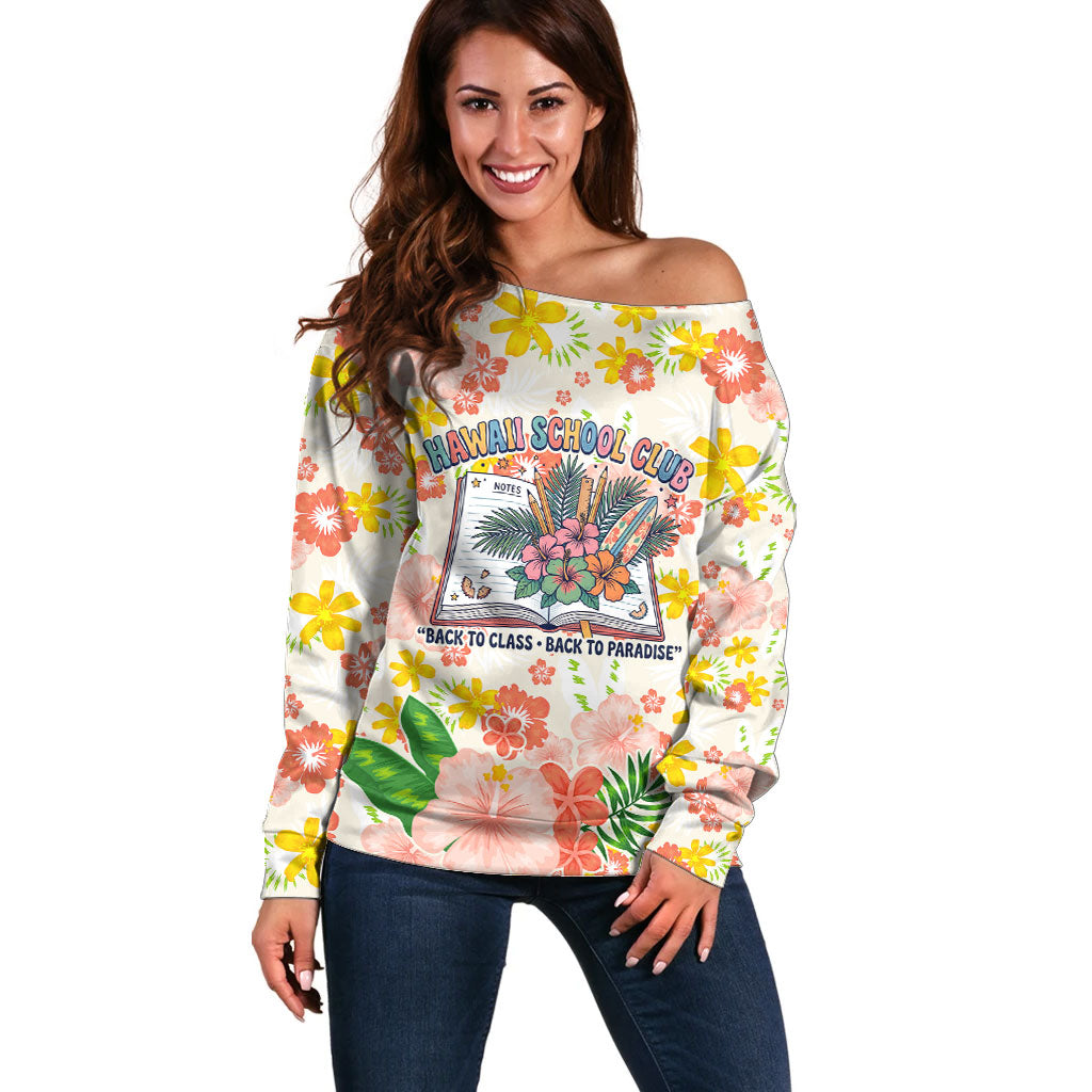 Personalized Hawaii School Club Back To Class Off Shoulder Sweater Retro Tropical Hibiscus Pattern With Open Notebook TS04 Women White Orange - Polynesian Pride