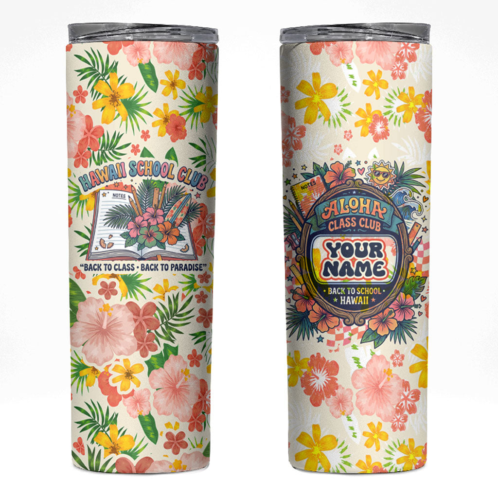 Personalized Hawaii School Club Back To Class Skinny Tumbler Retro Tropical Hibiscus Pattern With Open Notebook TS04 White Orange - Polynesian Pride