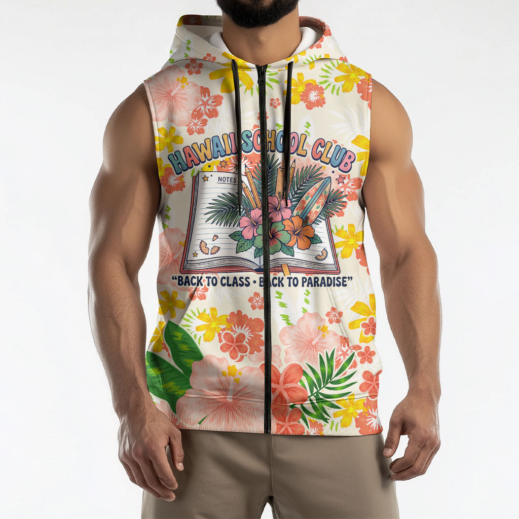 Personalized Hawaii School Club Back To Class Sleeveless Zip Hoodie Retro Tropical Hibiscus Pattern With Open Notebook TS04 - Polynesian Pride